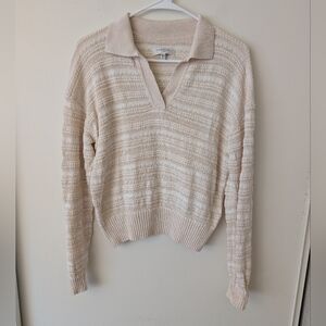 Habitual Womens Medium Stripe Cotton Johnny Collar Sweater Beige Cottage Boho